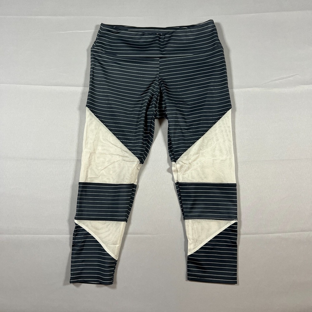 Onzie Flow Capri Leggings Women Black White Striped Elastic Waistband Athleisure